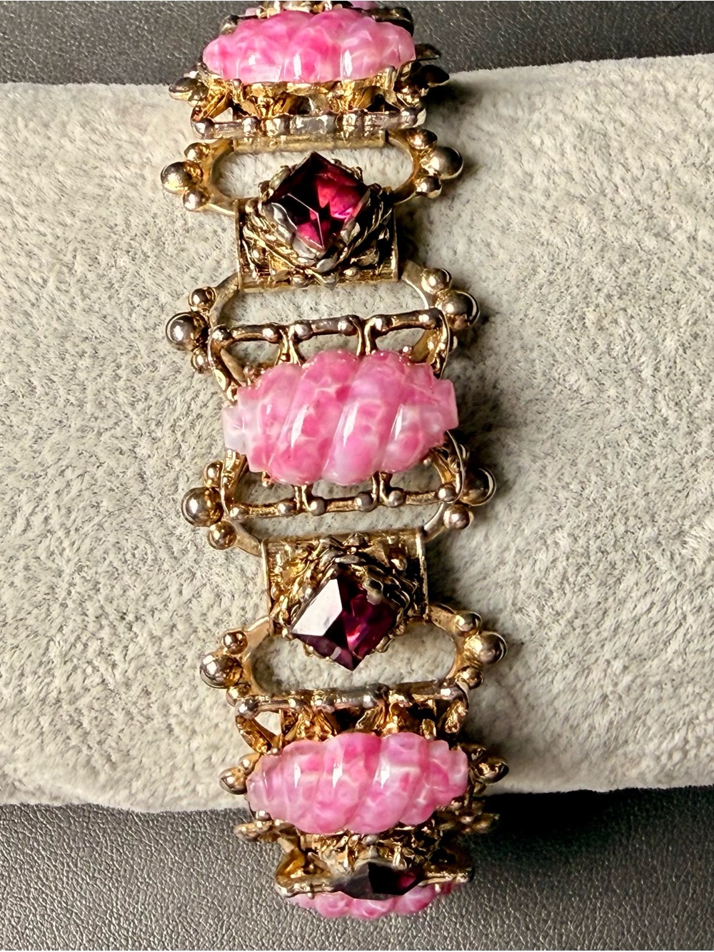 vtg Renaissance Revival Gold Tone Glass Panel Bracelet